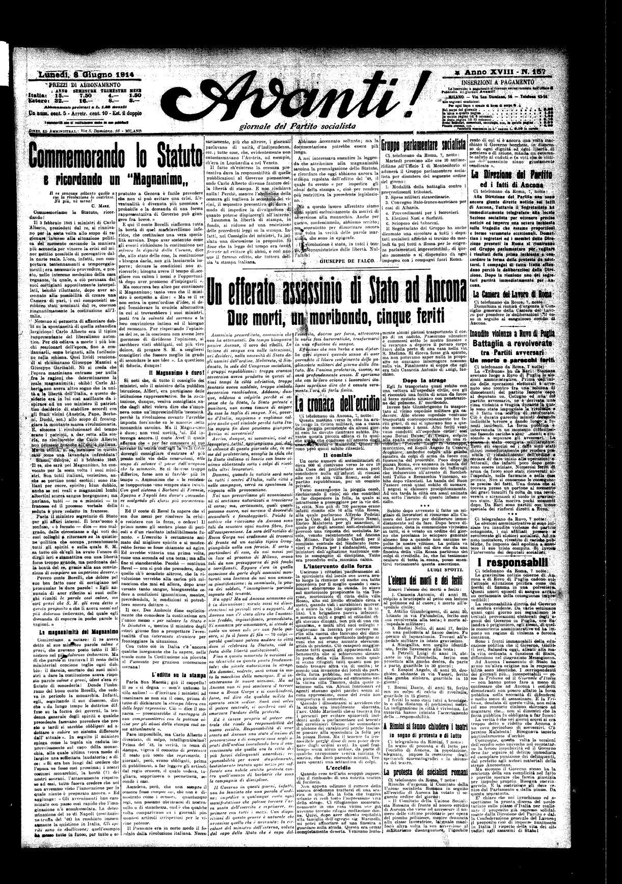 Prima pagina dellAvanti 8 giugno 1914